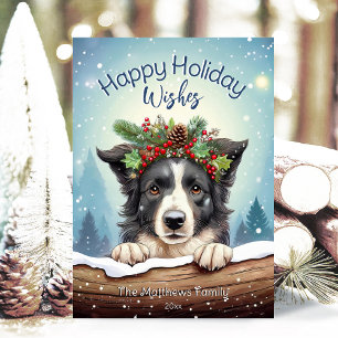 Border Collie in Rustic Snowing Forest Happy Holiday Card