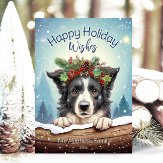 Border Collie in Rustic Snowing Forest Happy Holiday Card