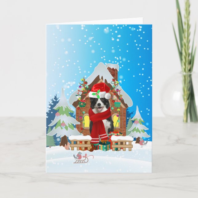 Border Collie in snow with Christmas gifts  Card (Front)