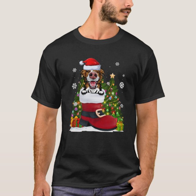 Border Collie in the Shoe Santa Hat Ugly Christmas T-Shirt (Front)