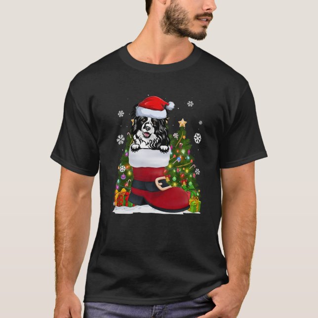 Border Collie in the Shoe Santa Hat Ugly Christmas T-Shirt (Front)