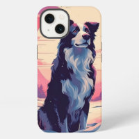 Border Collie in the snowy forest during sunset