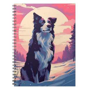 Border Collie in the snowy forest during sunset Notebook