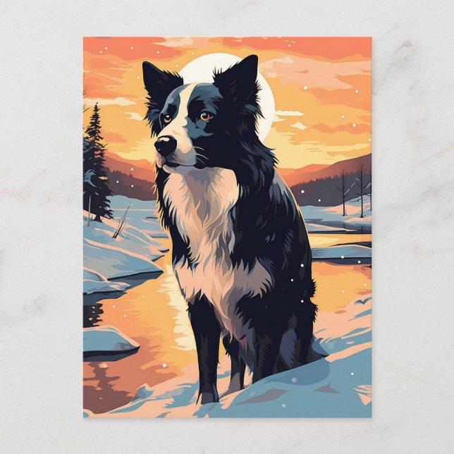 Border Collie in the snowy forest during sunset Postcard (Front)