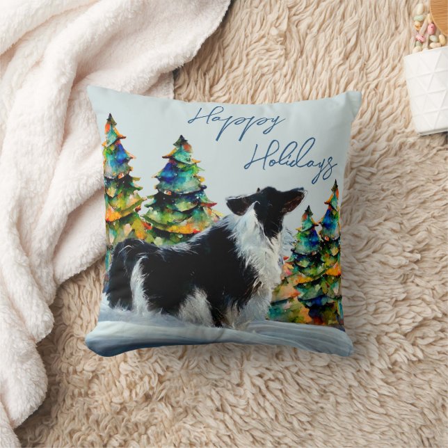 Border Collie in Winter Snow Christmas Tree  Cushion (Blanket)