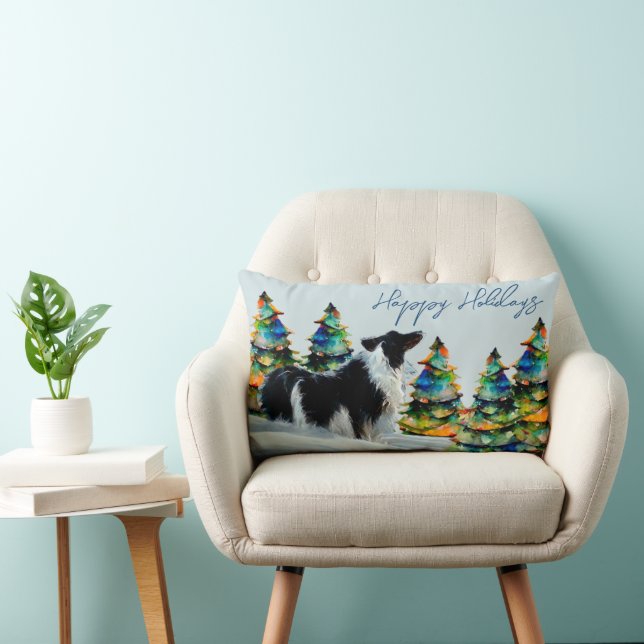 Border Collie in Winter Snow Christmas Tree  Lumbar Cushion (Chair)