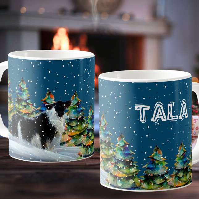 Border Collie in Winter Snow Forest Christmas Tree Coffee Mug (Creator Uploaded)
