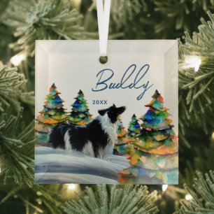 Border Collie in Winter Snow Forest Christmas Tree Glass Tree Decoration