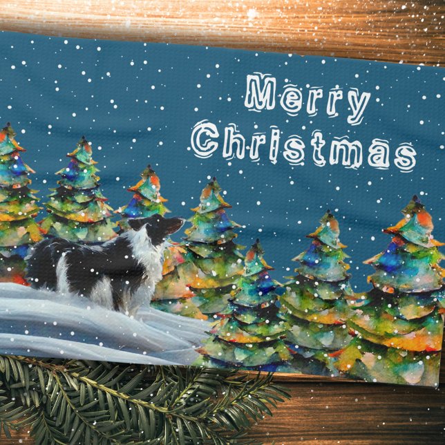 Border Collie in Winter Snow Forest Christmas Tree Tea Towel (Creator Uploaded)