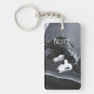 Border Collie Laying Down Painting Personalised Key Ring