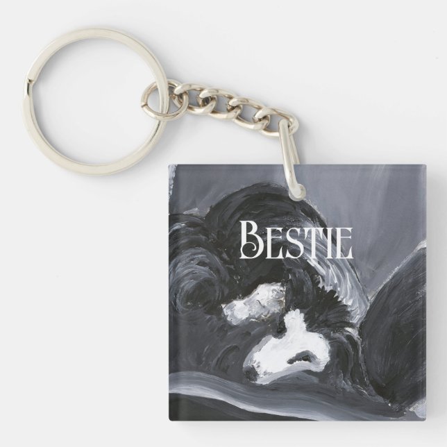  Border Collie Laying Down Painting Personalised Key Ring (Front)