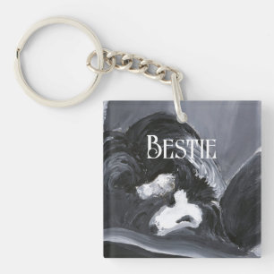 Border Collie Laying Down Painting Personalized Key Ring