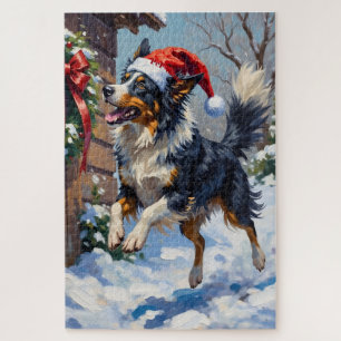 Border Collie Mid-Air Christmas Bow Catch Hat Jigsaw Puzzle