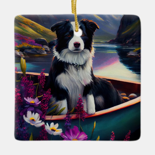 Border Collie on a Paddle: A Scenic Adventure Ceramic Ornament (Front)