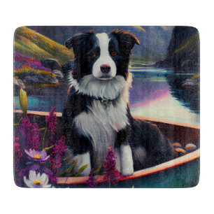 Border Collie on a Paddle: A Scenic Adventure Cutting Board