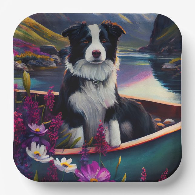 Border Collie on a Paddle: A Scenic Adventure Paper Plate (Front)