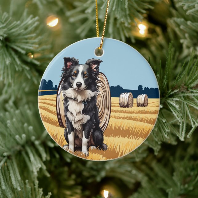 Border Collie on Farm Ceramic Ornament (Tree)
