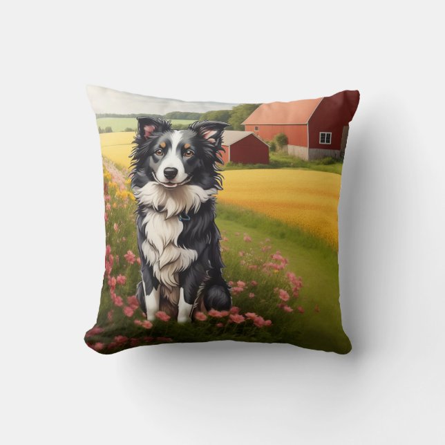 Border Collie on Farm Cushion (Front)
