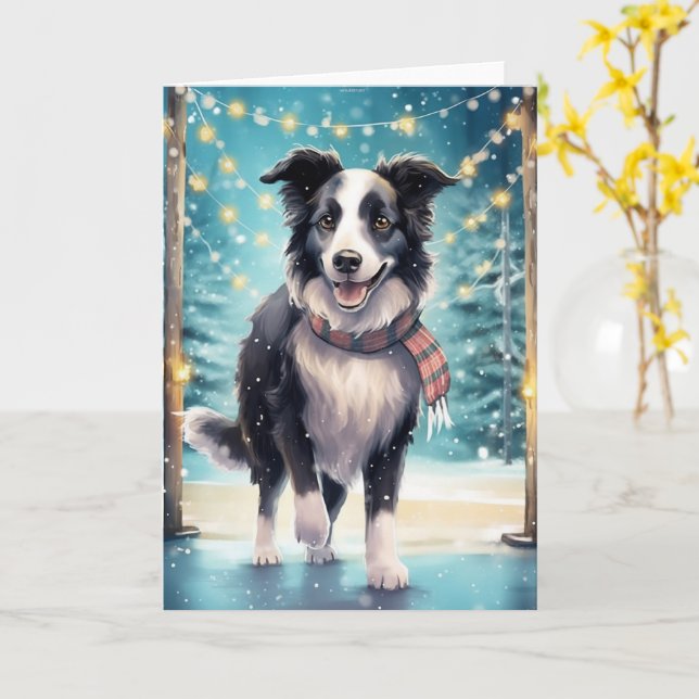 Border Collie On Ice with Festive Scarf Card (Yellow Flower)