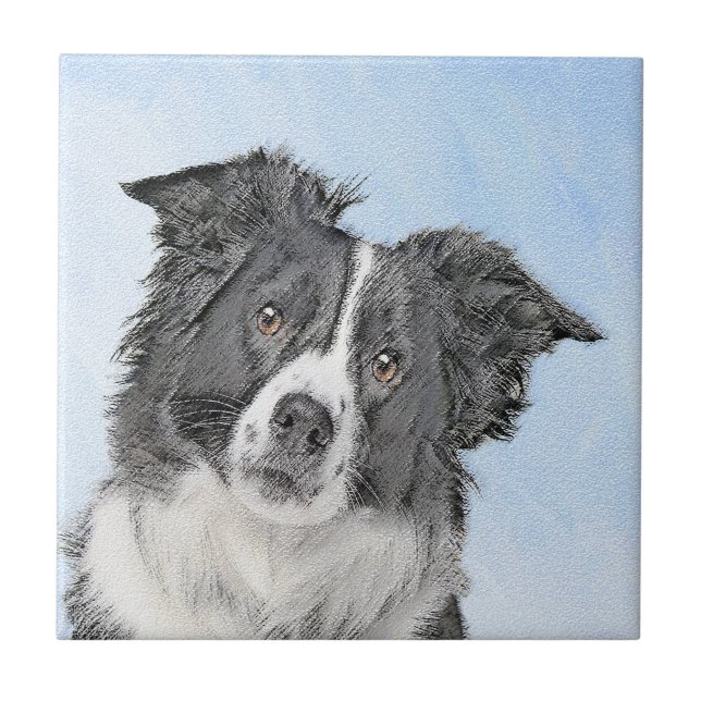 Border Collie Painting - Cute Original Dog Art Ceramic Tile (Front)