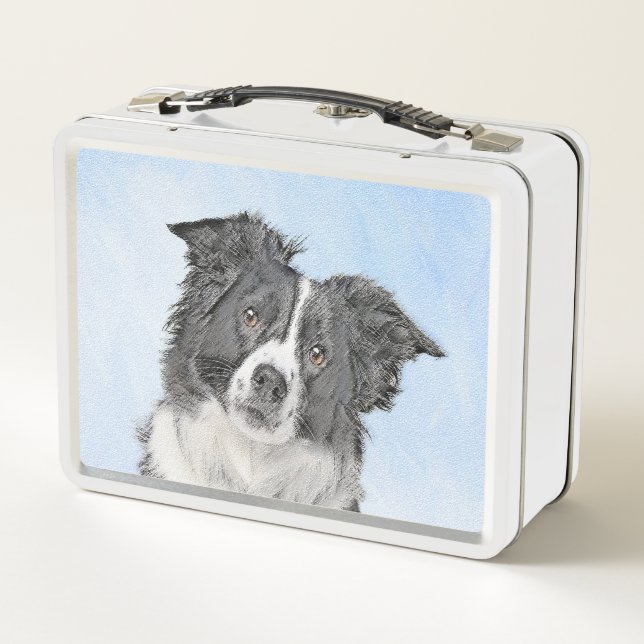 Border Collie Painting - Cute Original Dog Art Metal Lunch Box (Back)