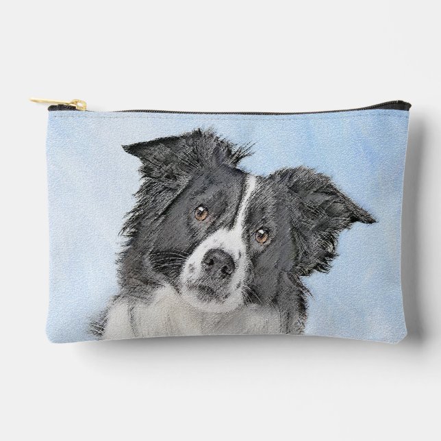 Border Collie Painting Rough Black & White Dog Art Accessory Pouch (Front)