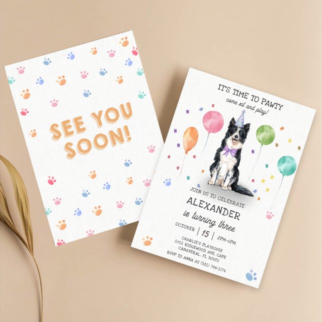 Border Collie Pawty Dog Puppy Birthday Blue  Invitation (Creator Uploaded)