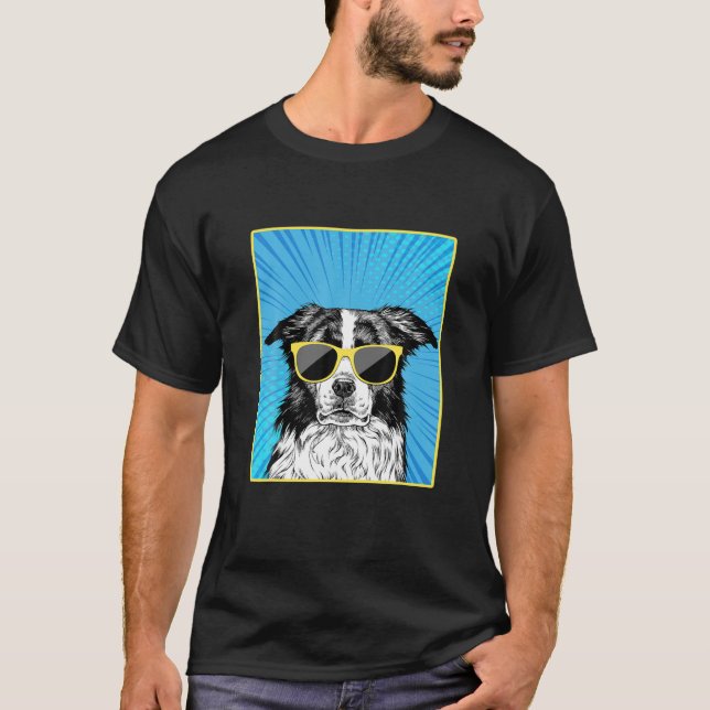 Border Collie Portrait Pop Art Dog With Sunglasses T-Shirt (Front)