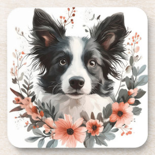Border Collie Portrait with Floral Frame Coaster