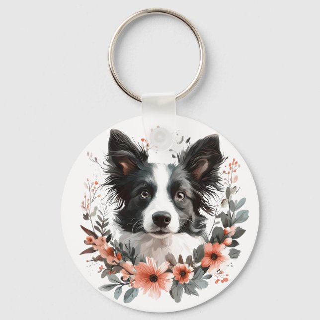  Border Collie Portrait with Floral Frame Key Ring (Front)