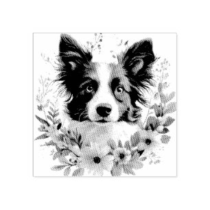 Border Collie Portrait with Floral Frame Rubber Stamp