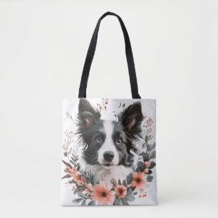 Border Collie Portrait with Floral Frame Tote Bag