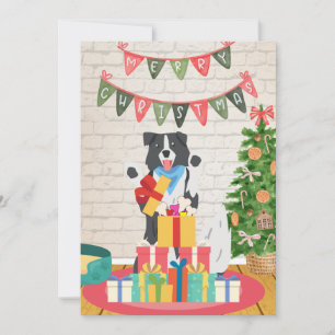 Border Collie Presents Bones Dog Christmas  Holiday Card