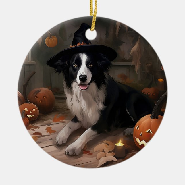 Border Collie Pumpkins Halloween Scary  Ceramic Ornament (Front)