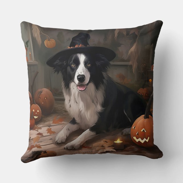 Border Collie Pumpkins Halloween Scary  Cushion (Back)