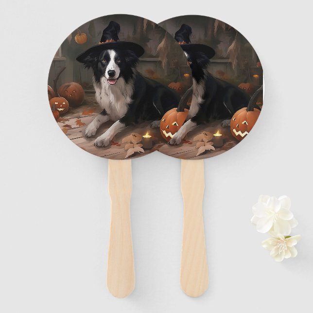 Border Collie Pumpkins Halloween Scary  Hand Fan (Front and Back)