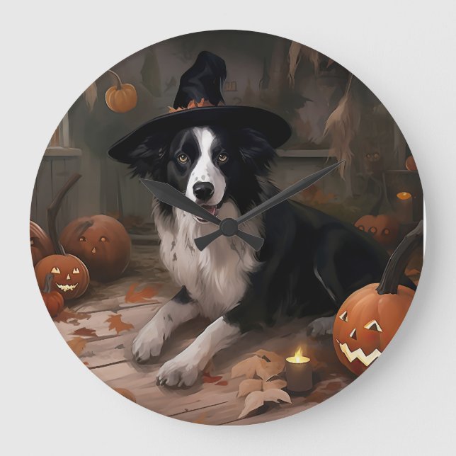 Border Collie Pumpkins Halloween Scary  Large Clock (Front)