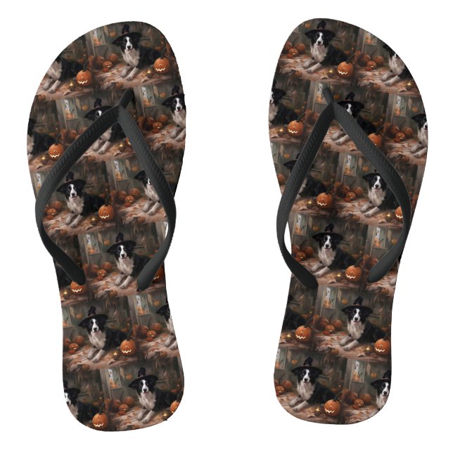 Border Collie Pumpkins Halloween Scary  Thongs (Footbed)