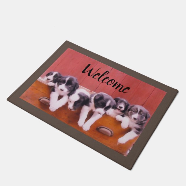 Border Collie Puppies In Drawer Painting Welcome Doormat (Angled)