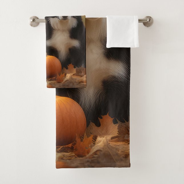 Border Collie Puppy Autumn Delight Pumpkin Bath Towel Set (Insitu)