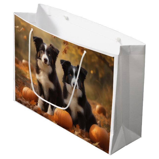 Border Collie Puppy Autumn Delight Pumpkin Large Gift Bag (Front Angled)