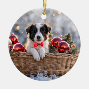 Border Collie Puppy Dog Christmas Holiday Ceramic Ornament