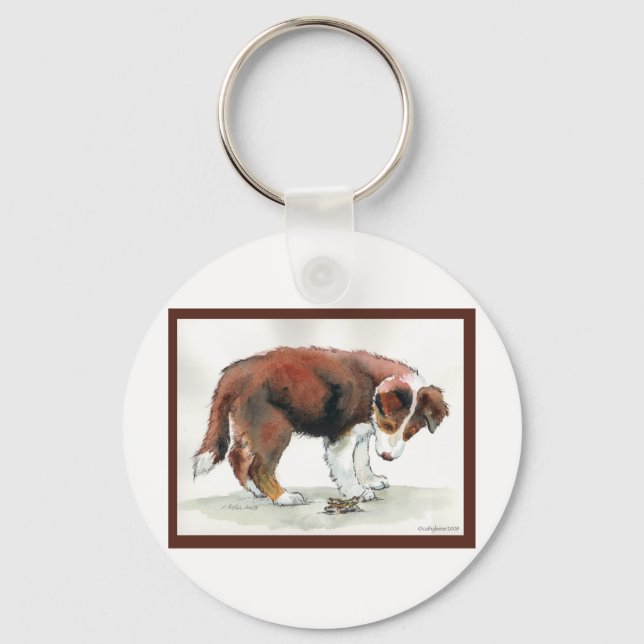 Border Collie Puppy & Grasshopper Key Ring (Front)