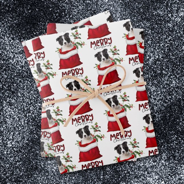 Border Collie Puppy in Holiday Gift Bag Wrapping Paper Sheet (Creator Uploaded)