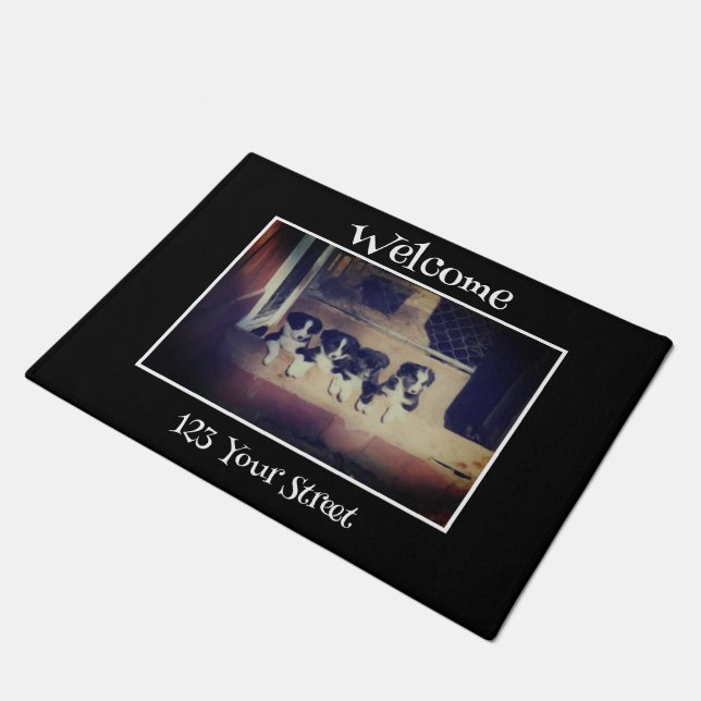 Border Collie Puppy Litter Oil Painting Welcome Doormat (Angled)