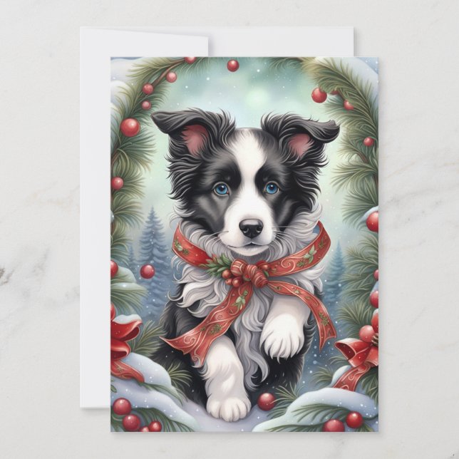 Border Collie Puppy Ribbons Winter Woodlands Holiday Card (Front)
