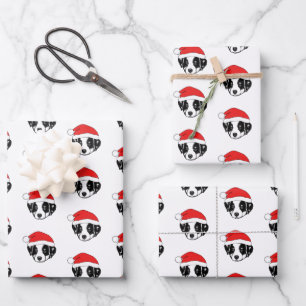 Border Collie Puppy Santa Hat Wrapping Paper Sheet