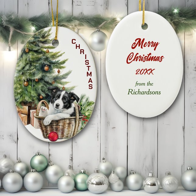 Border Collie Puppy Wicker Basket Christmas Ceramic Ornament (Creator Uploaded)