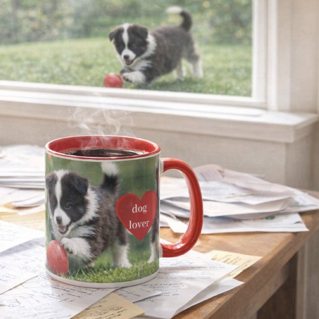  Border Collie Puppy with Red Ball Coffee  Mug (Messy desk, loyal Border Collie pup this mug celebrates real dog‑lover mornings with heart and steam)
