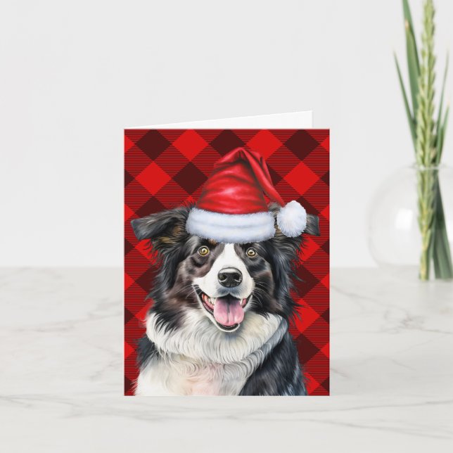 Border Collie Red Buffalo Plaid Christmas Holiday Card (Front)